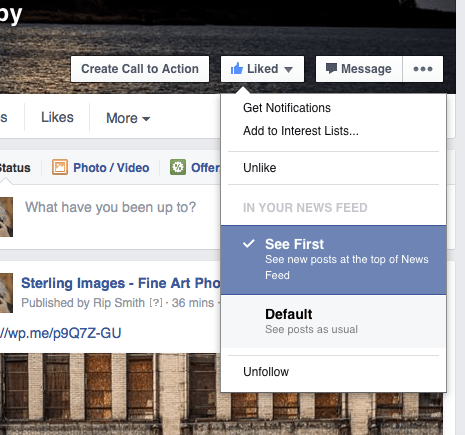 Hover your mouse over the "Liked" button and click on "See First".